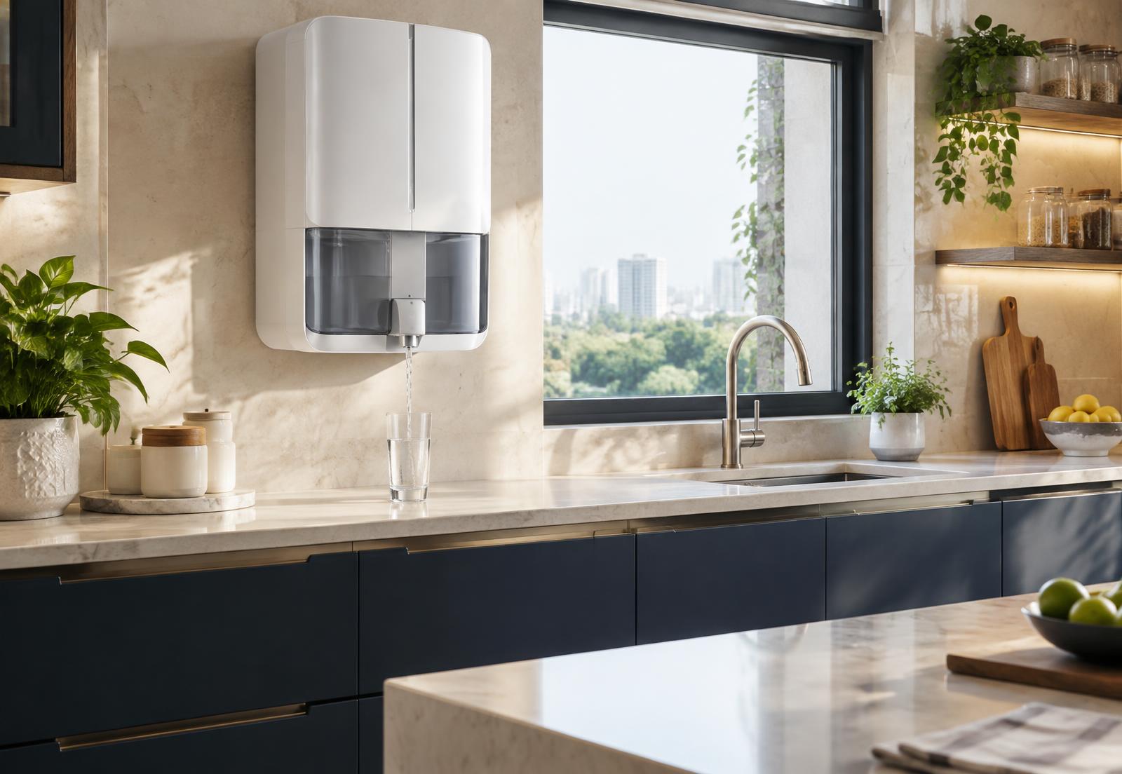 Modern RO water purifier installed in a kitchen